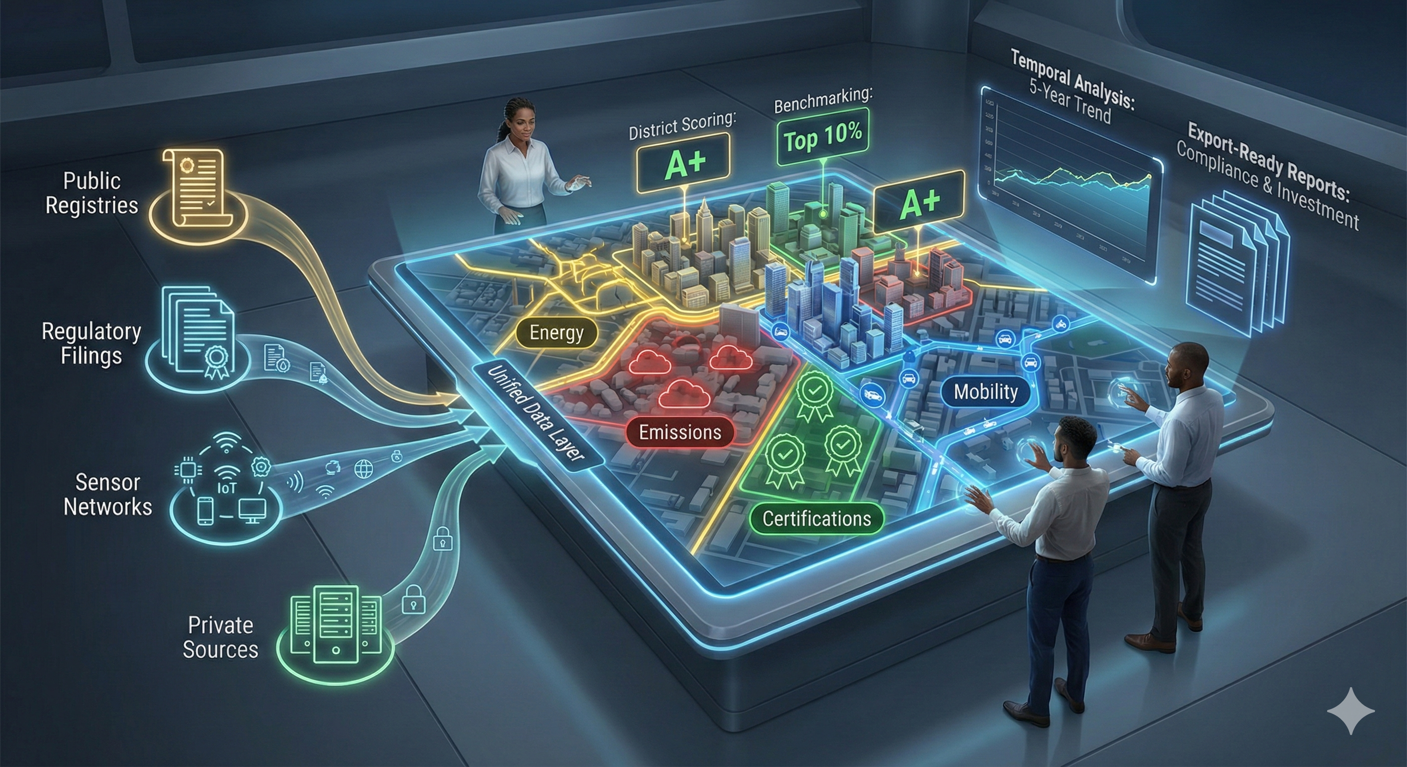 Urban Maps spatial infrastructure visualization showing data aggregation from public registries, regulatory filings, sensor networks, and private sources into a unified sustainability dashboard